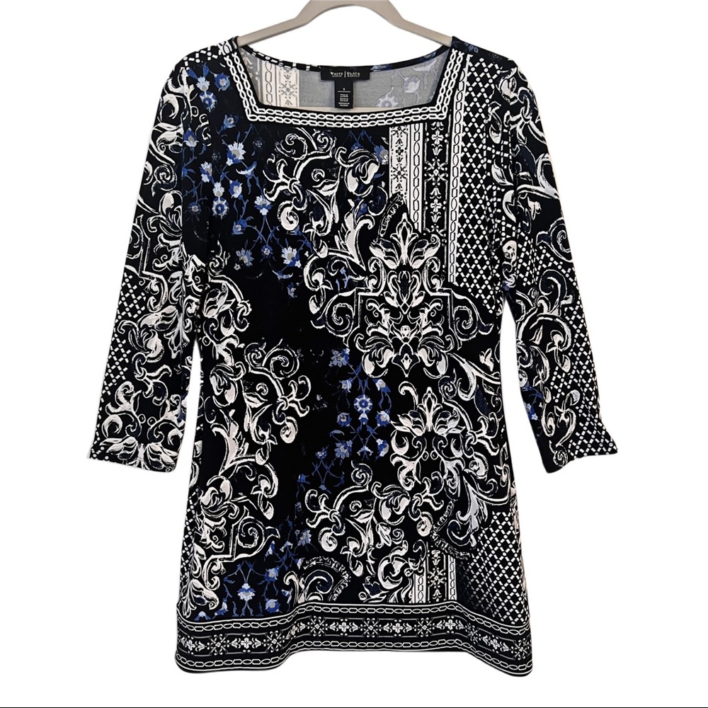 WHBM Dress Sz Small Black White Soft Stretch Knit Dress Square Neck Embroidered